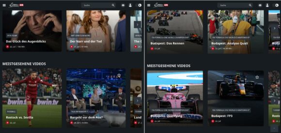 Die Mediathek von ServusTV – links mit deutscher und rechts mit österreichischer IP-Adresse