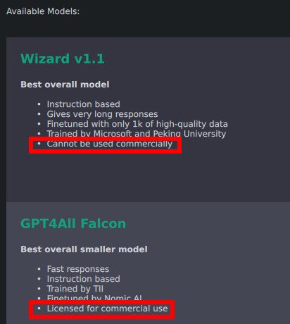 GPT4All bietet diverse Modelle an – kommerzielle und nicht-kommerzielle
