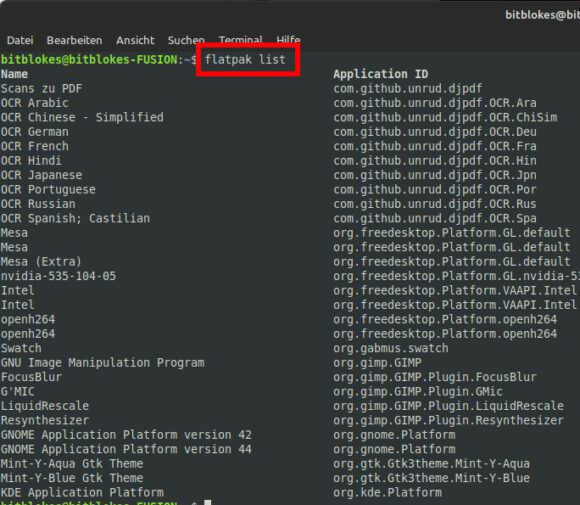 Alle installierten Flatpak-Pakete auflisten