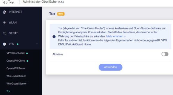 Mein kleiner und nützlicher Reise-Router GL-A1300 bietet ebenfalls einen Tor-Modus