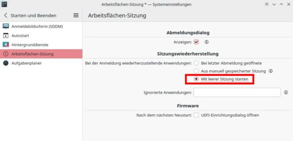 KDE mit leerer Sitzung starten