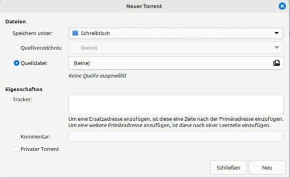 Mit Transmission eine neue Torrent-Datei erstellen