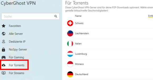 CyberGhost bietet spezielle Server für Torrents