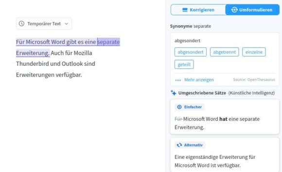 Der Editor von LanguageTool kann auch ganze Sätze umformulieren