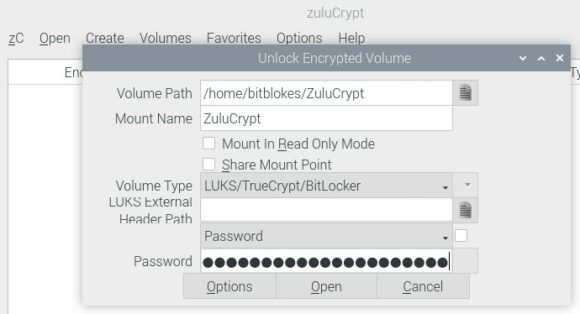 Mit zuluCrypt kannst Du einen verschlüsselten Container auch ganz einfach wieder öffnen und einbinden