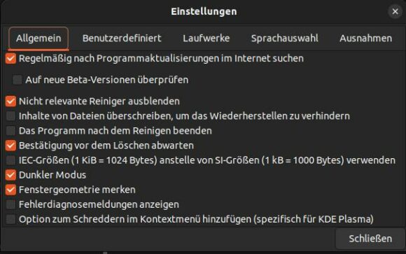 Einstellungen von BleachBit 4.6.0