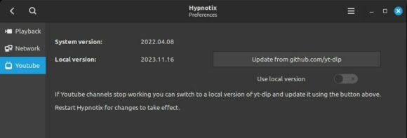 Hypnotix kann eine individuelle yt-dlp-Version nutzen