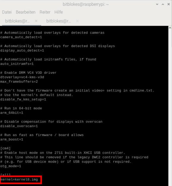 kernel=kernel8.img in der Datei config.txt einfügen