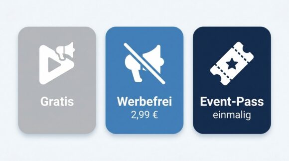 Drei Kostenstufen von Sporteurope.TV im Vergleich: Gratis-Streams mit Werbung, werbefreies Plus-Abo und einmalige Event-Pässe