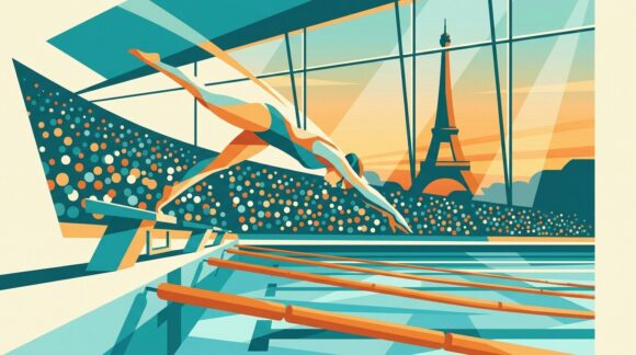 Schwimmerin beim Start in einer vollen Schwimmarena als Sinnbild für die Schwimm-EM 2026 in Paris