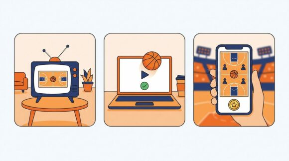 Illustration der drei Empfangswege für die Basketball-WM der Frauen 2026: Fernseher, Laptop-Stream und Abo-Dienst nebeneinander