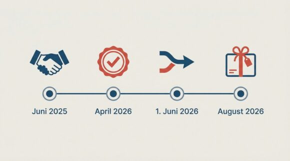 Zeitleiste der Sky-RTL-Übernahme von der Ankündigung im Juni 2025 über den Vollzug am 1. Juni 2026 bis zu den geplanten Bundles im August 2026