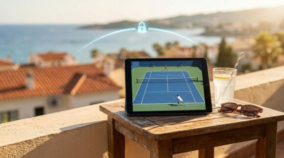 Tennis-Livestream auf einem Tablet auf einem Urlaubsbalkon am Meer, darüber eine stilisierte gesicherte Internetverbindung