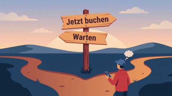 Wegweiser mit den zwei Richtungen jetzt buchen und warten als Sinnbild für die Abo-Entscheidung nach der Sky-RTL-Übernahme