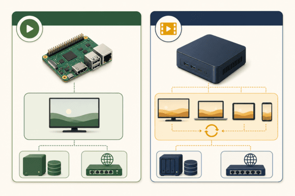 Jellyfin-Hardwarematrix mit Raspberry Pi 5 für Direct Play und Intel N100 für Quick-Sync-Transcoding