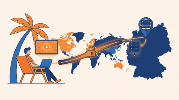 Schema der VPN-Route für den WM-Stream im Ausland: Urlaubsgerät verbindet sich über einen verschlüsselten Tunnel mit einem Server in Deutschland und öffnet dann den Livestream