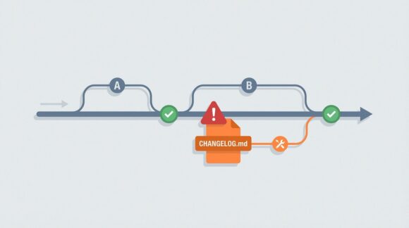 Branch A wird mit Test integriert, Branch B stoppt am Changelog-Konflikt und wird nach der Lösung erneut getestet