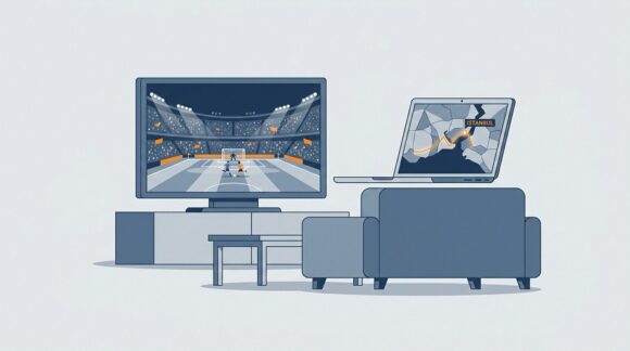 Fernseher mit Fußballübertragung in einem Wohnzimmer, daneben ein Laptop mit Verbindung zu einem Server in Istanbul