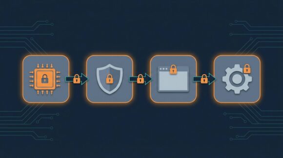 Schema der Secure-Boot-Kette mit vier Stufen von der Firmware bis zum Kernel, jede Stufe mit einem Schloss gesichert