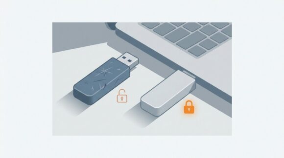 Zwei USB-Sticks neben einem Notebook, ein alter Stick mit offenem Schloss und ein neu beschriebener Stick mit geschlossenem Schloss