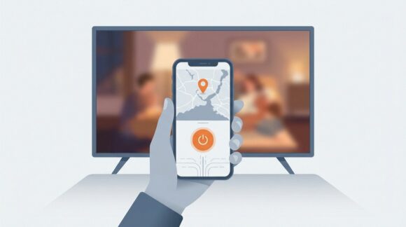 Smartphone mit geöffneter VPN-App und gewähltem Server in Istanbul vor einem Fernseher mit türkischer Serie